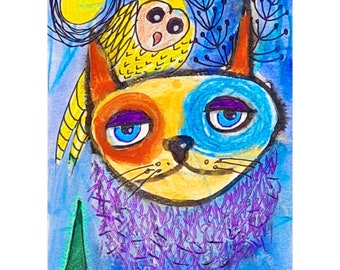 Impresión artística de gato caprichoso: retrato felino colorido y peculiar
