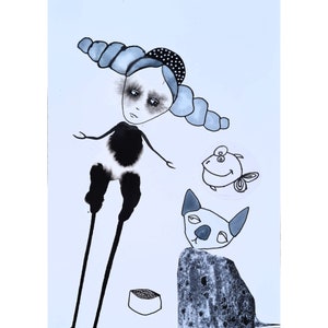 Original Weird Cat Art: Brut Naive Ink Drawing