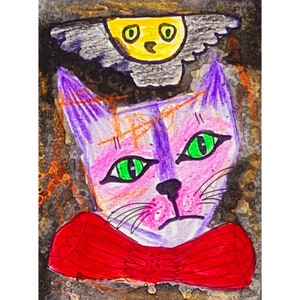 Cat and owl , Art print, Outsider animals art, Folk art , Primitive cat,  Primitive art, Abstract art,  Abstract figures,  Affordable art