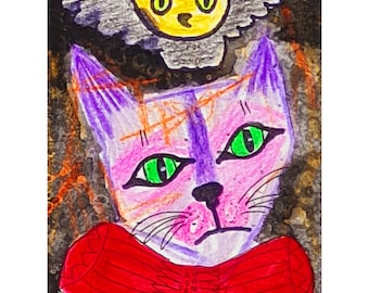 Impresión artística de gato y búho caprichosos: animales abstractos coloridos