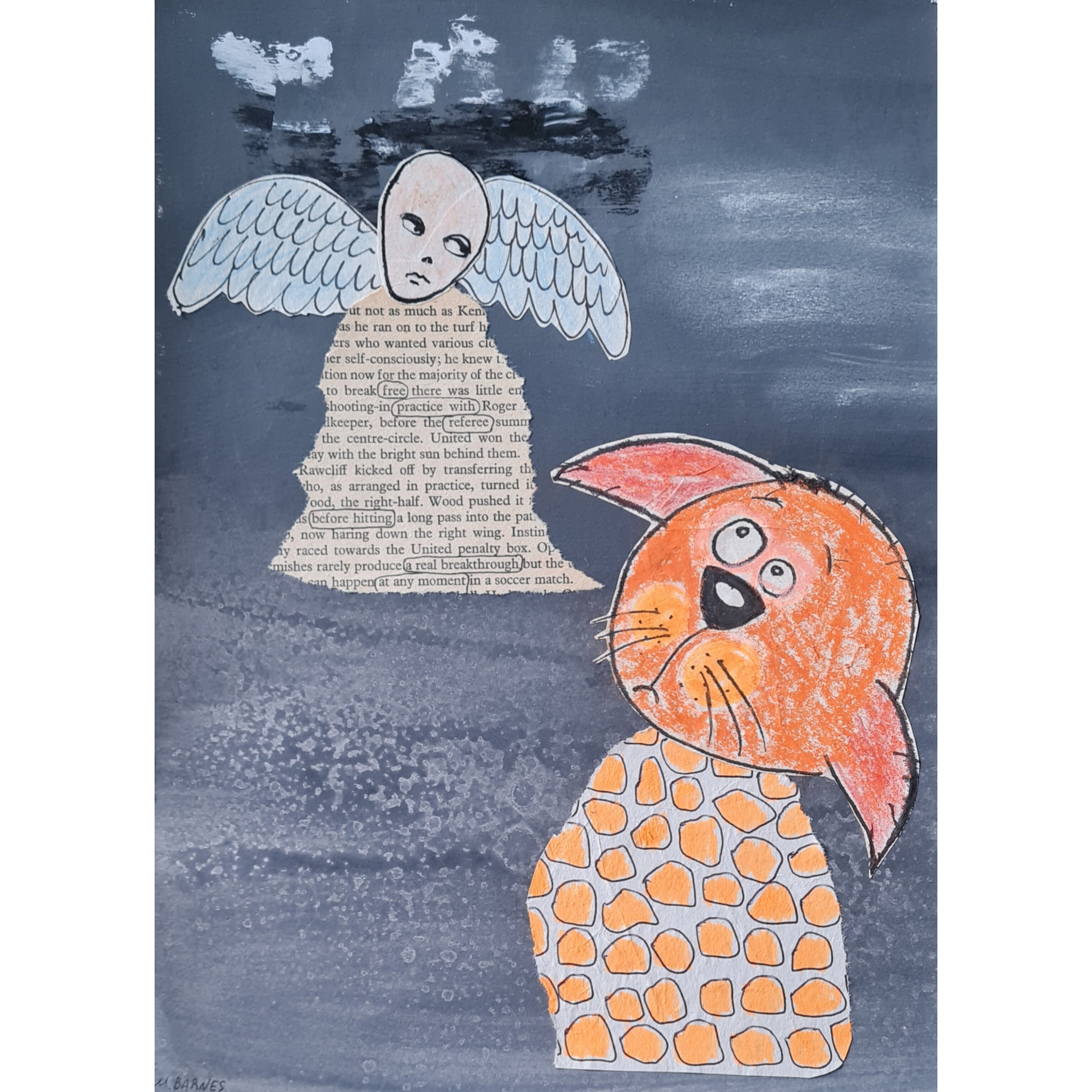 奇妙な猫と天使のコラージュ：オリジナルのアウトサイダーアート絵画