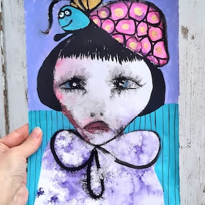 Abstract portrait of a woman in a Turtle hat , Original art,  One of a kind art,  Abstract face , Abstract woman,  Weird art,  Gift for her