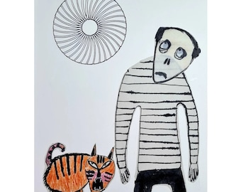 Creepy Cat-kunstprint: griezelig gezicht, rauwe kunst van Marina Barnes