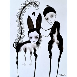 Puede incluir: Ilustración en acuarela en blanco y negro con dos figuras. Una figura con orejas largas se asemeja a un conejo. La otra figura está de pie e interactúa con la primera. La obra de arte está firmada "M. BARNES".