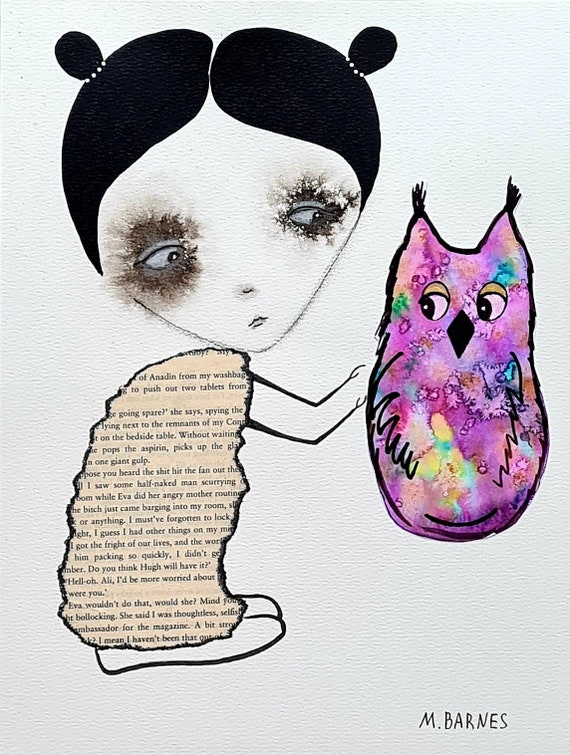 オリジナル抽象画「フクロウ」インク画：アール・ブリュット