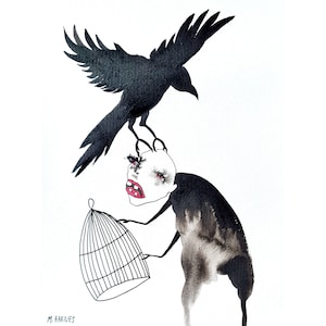 Original Zeichnung, Gothic Kunst, Schwarz und weiß Bild, Schräge Kunst, Außenseiter Kunst, Seltsame Kunst, Horror Kunst, Krähe Zeichnung, Gothic Dekor, Artbrut