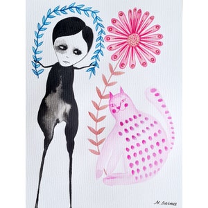 Arte originale Dipinto originale Arte unica Arte outsider Acquerello originale Dipinto ad acquerello Gatto rosa Regalo per gli amanti dei gatti Arte strana