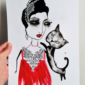 Tenerezza del gatto Arte originale Donna astratta Ritratto astratto Arte astratta Disegno originale Gatto nero Donna in rosso Arte strana Immagine carina Strano