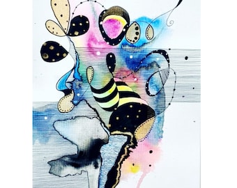 May include: Abstract watercolor painting with black, white, yellow, blue, pink, and gold accents. The painting features a variety of shapes and lines, creating a dynamic and energetic composition.