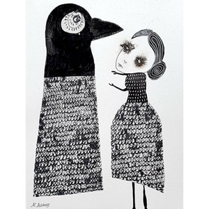 Puede incluir: Ilustración en blanco y negro de un pájaro con una cabeza grande y una mujer con ojos grandes. Ambas figuras llevan vestidos hechos de un patrón de pequeños círculos.