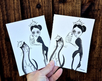 おもしろ猫セルフィープリンセス：オリジナルのインク画、奇妙なシュールアート