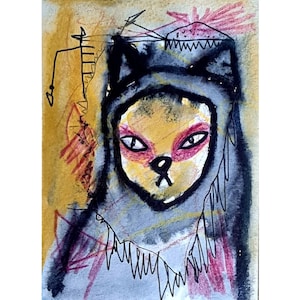 Cat art Print Outsider art Abstract cat Whimsical cat Primitive cat Primitive art Gift for cat lovers Simple art Naive cat Mixed media art