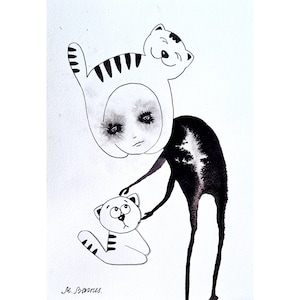 Cat art , Outsider art,  Original drawing,  Weird art,  Unique picture, Gift for people who have everything, Abstract art, Abstract figures