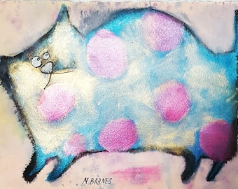 Original Whimsical Fat Cat Art: Brut Naive Painting