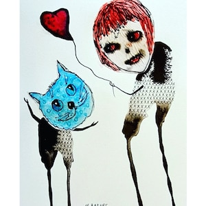 Puede incluir: Ilustración en acuarela de dos figuras con extremidades alargadas. Una figura sostiene un globo rojo en forma de corazón. La otra figura tiene una cabeza de gato azul. Las figuras están sobre un fondo blanco. Firmado "M. Barnes".