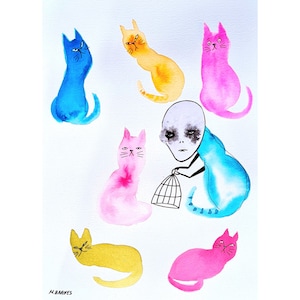 Colorful Cats Watercolor Painting: Surreal Abstract Art (9x12 inches)