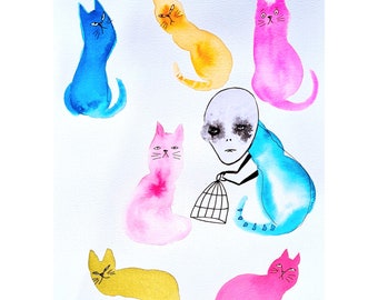 カラフルな猫の水彩画：シュールな抽象芸術（9x12インチ） - Etsy 日本