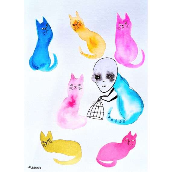 カラフルな猫の水彩画：シュールな抽象芸術（9x12インチ） - Etsy 日本