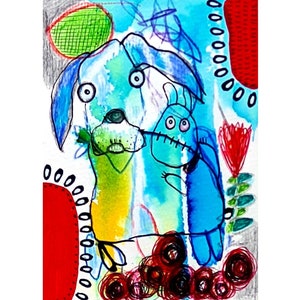Original Art Print Outsider art Art Brut Raw art Whimsical Dog Creepy Bunny Abstract Animals Figurative art Neoexpressionism Alternative art