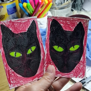 ACEO Originalkarten Aceokartensammlung Sammelkarten Atckarten Geschenk für Aceokartensammler Aceomalerei Aceokatzenkarten Schwarze Katze