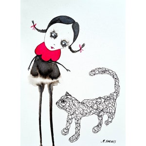 Originele Art Brut of Print Outsider Art Zwart-witte kunst Uniek cadeau voor kattenliefhebbers Meisje met kat foto abstract figuratief oneven