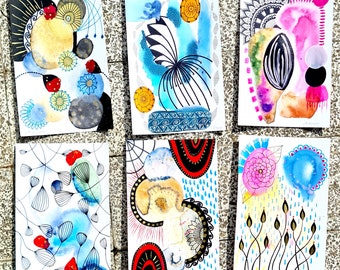 Original Abstract Watercolor Painting: Whimsical Ink Doodles, Series #6