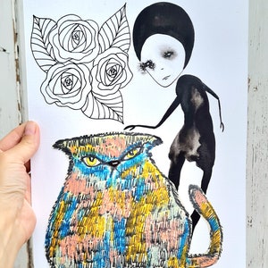 Fat cat and Roses Abstract art One of a kind art Outsider art Abstract figures Colored cat Cat drawing Gift for cat lovers Weird art Quirky