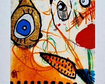 Pode incluir: Pintura abstrata com um olho dourado, azul e branco, uma espiga de milho preta e laranja e um padrão de listras pretas e laranja na parte inferior.