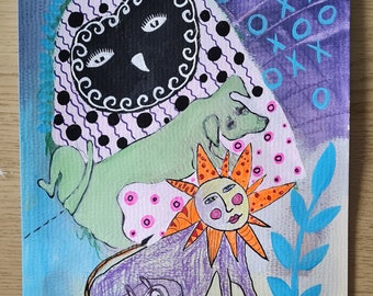 Pode incluir: Uma pintura caprichosa com um cão verde, um gato roxo e um sol com rosto humano. O fundo é um degradê de roxo e azul com um círculo estampado em preto e branco no centro. A pintura é assinada "M. BARNES" no canto inferior esquerdo.