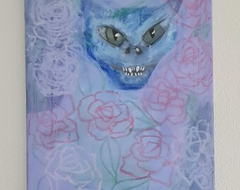 Abstract Cat Acrylic Painting: Pale Violet Roses, Whimsical Art