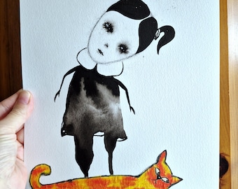 Unikatowa sztuka Zabawny kot Dzieło sztuki Sztuka outsiderów Dziwna sztuka Sztuka prymitywna Unikatowy Dekoracja ścienna Dziwna sztuka Obraz rudego kota