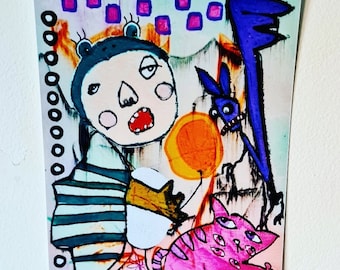 May include: A colorful abstract painting featuring a blue creature with a striped shirt, a pink cat with multiple eyes, a purple bird, and a large orange circle. The background is a light pink with purple squares and black lines. The painting is signed "M. BARNES" in the bottom right corner.