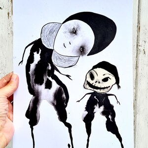 Trick or treat Original art One of a kind art Gothic art Creepy face Black and white Horror art Weird art Original drawing Outsider art Odd