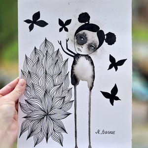 オリジナルアートワーク インク画 マリーナ・バーンズ 抽象芸術 白黒写真 原始芸術 壁飾り 黒人少女 かわいい アーティストのサイン入り