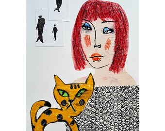 Original Ginger Cat Art: Udda kvinnoporträtt, Nyckfullt konstverk