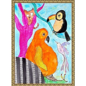 Original art or Print Outsider art Abstract Figurative art Whimsical funny cat Art Brut Naive art Gift for birds lovers Rare Picture Quirky
