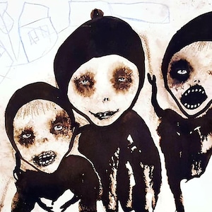 Original Art Brut &quot; Playing Children &quot; Outsider art Dark art Creepy Face Spooky Picture Raw art Kunst home decor Strange Drawing Rare Weird