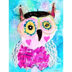 Dipinto di gufo Arte originale Dipinto originale Stampa dell'originale Gufo astratto Arte astratta Arte surreale Arte semplice Regalo per gli amanti dei gufi Blu rosa