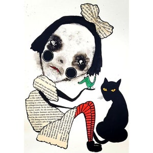 アートコラージュ 黒猫 抽象的な顔 アウトサイダーアート 抽象的な人物 アール・ブリュット ミックスメディア コラージュ かわいいイラスト 猫好きへのギフト ゴシック