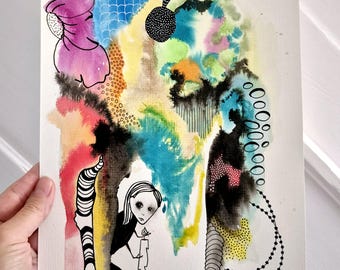 オリジナル抽象水彩画：風変わりなアートデコレーション（9x12インチ