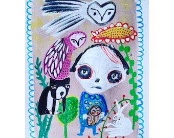 May include: A whimsical illustration featuring a white owl, a pink owl, a black and white dog, a white rabbit, and a child with large eyes. The illustration is painted in a colorful style with a brown background and a blue border.