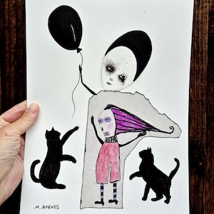 Surreal Black Cats Drawing: Abstract Figures, Signed Original Art