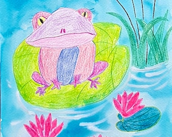 Art original de la grenouille : illustration naïve, image d'animal rare