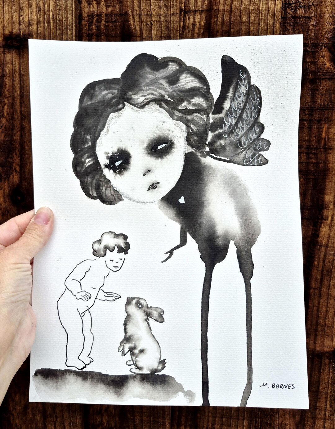 Protection Art Spring Angel's Protection Art: Rabbit and Child, Black & White Watercolor ...