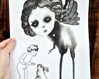 うさぎと子供の水彩画 天使の守護アート：ウサギと子供、白黒水彩画 - Etsy 日本