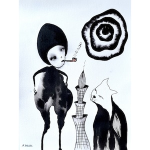Original drawing , Weird stuff,  Weird art,  Outsider art,  Black and white picture, Weird decor, Smoker , Abstract art,  Folk art ,Gothic