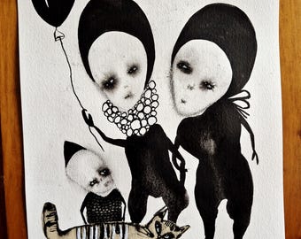 Arte original Diseño único Marina Barnes Arte marginal Figuras abstractas Gente primitiva Gato divertido Imagen en blanco y negro 9x12 Decoración de pared