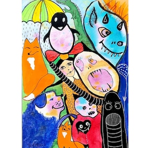 Original painting Art brut Outsider art Abstract creatures Strange picture Strange art Simple art Figurative art Intuitive art Rare picture