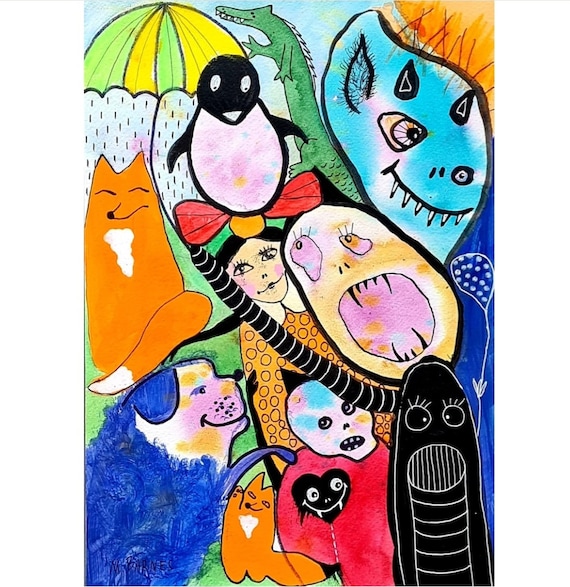 オリジナルアール・ブリュット絵画：抽象的な生き物、奇妙なアート（A4