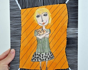 One of a kind Mixed media Artwork Primitive people Drawing Primitive cat art Affordable art Unique Gift idea Wall decor